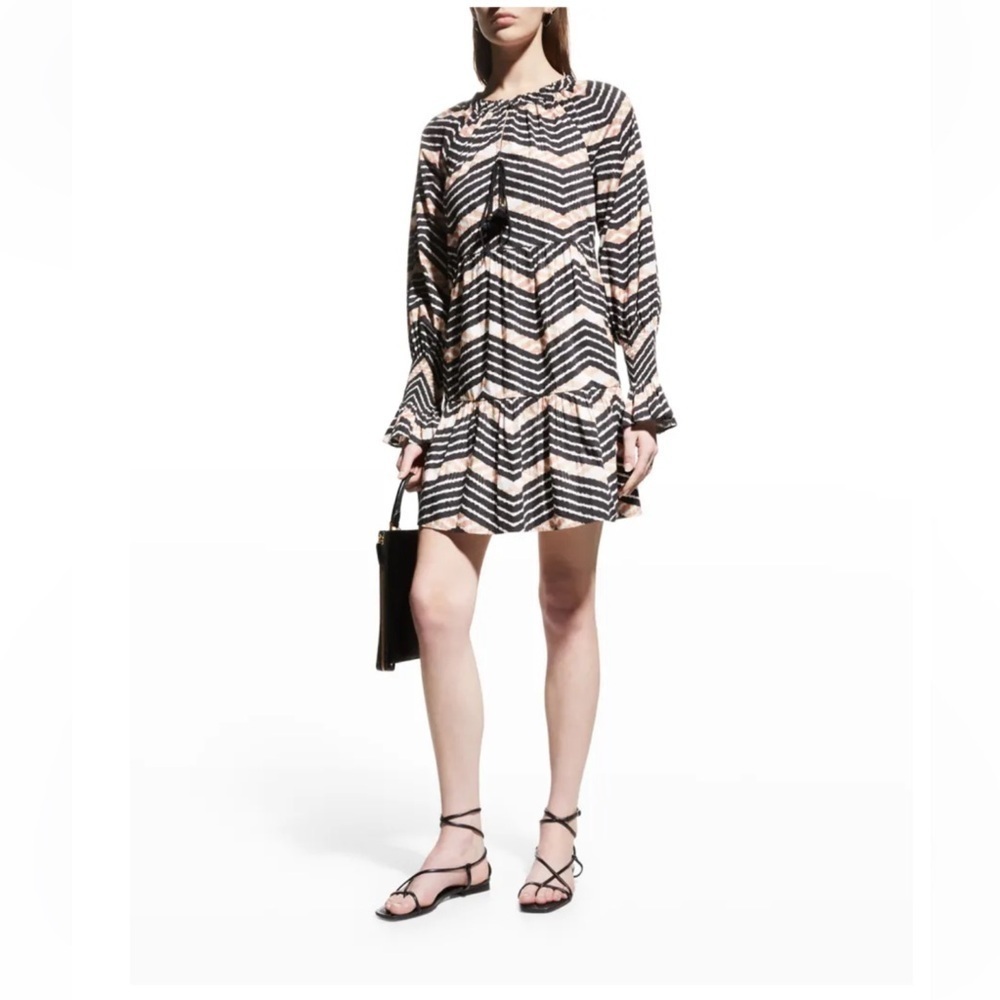Figue Bella Short Dress Chevron Black,White,Tan Smocked Cuffs Small Boho Boho - Picture 3 of 13